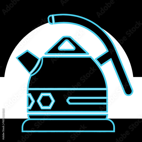 Stylized electric kettle with glowing blue accents on a black background.