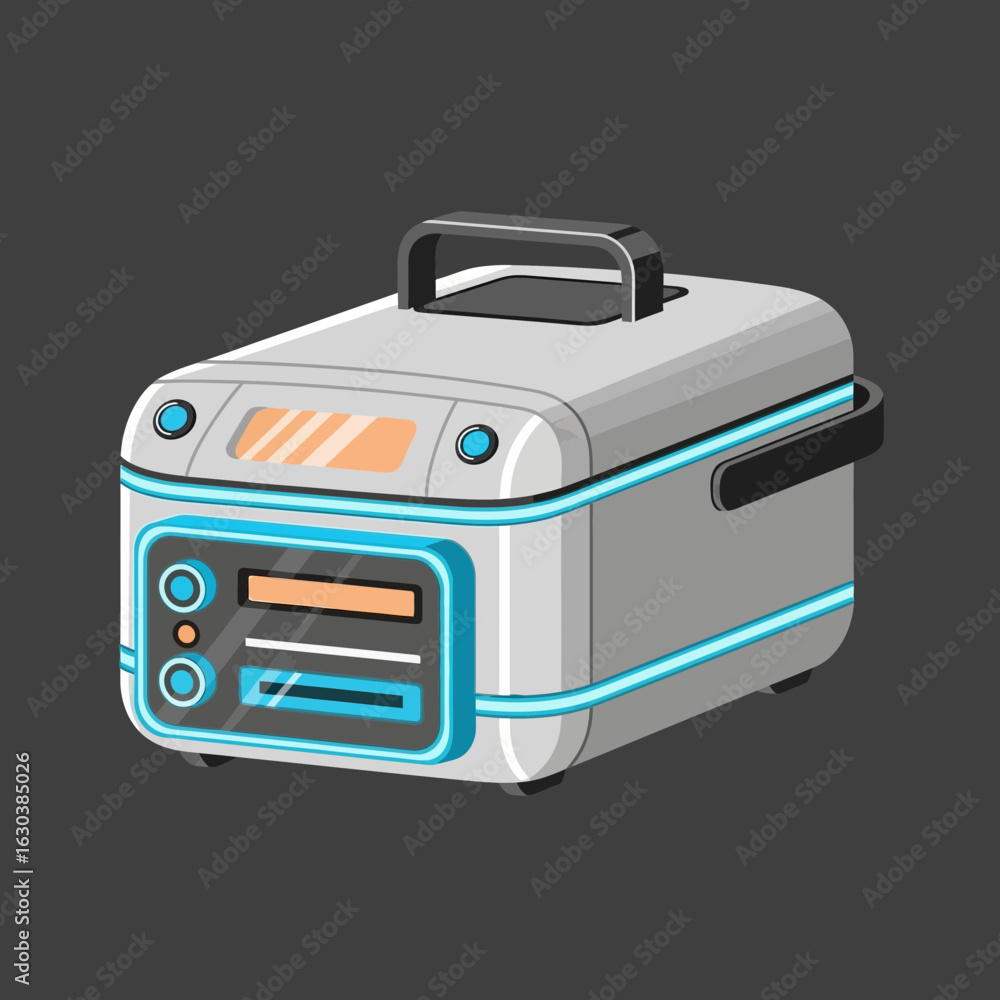 Fototapeta premium Futuristic kitchen appliance with glowing blue accents and a handle.