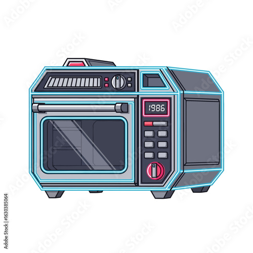 Futuristic appliance with digital display and control panel.