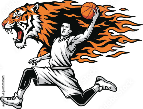 A basketball player in mid-air dunk, with a roaring tiger head and fiery orange flames surrounding him.