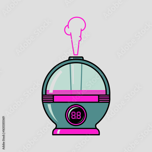 Futuristic humidifier with pink mist on a gray background.