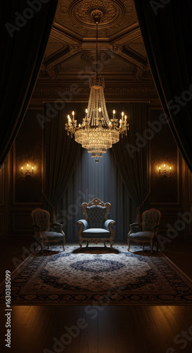 Ornate throne room with a grand chandelier and luxurious seating