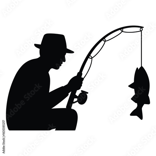 Illustration of fisherman silhouette with caught fish isolated on white background