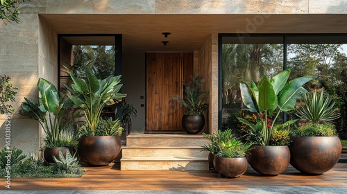 Modern home entrance with large planters