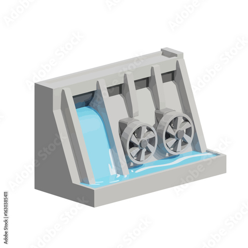 Concrete dam with water flowing through turbines generating power.