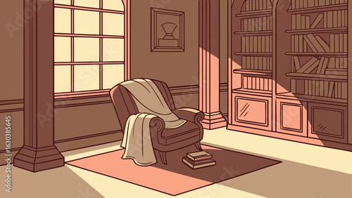 Illustration of a cozy room with a chair, books, and a bookcase illuminated by sunlight streaming through window