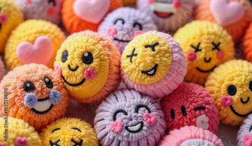 Colorful Crocheted Emoji Smileys with Various Expressions and Hearts Handmade Craft