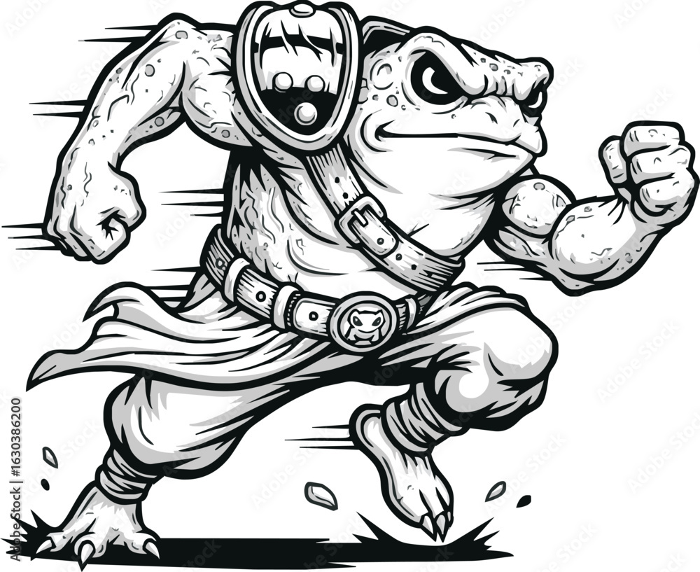 Naklejka premium A stylized, cartoon frog warrior in a running pose, armored and powerful.
