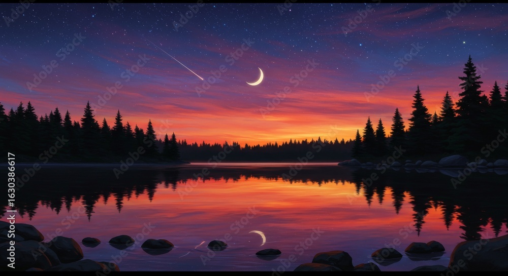 Obraz premium Nature wallpaper. Lake Reflection at Sunset with Crescent Moon and Forest