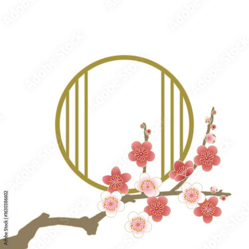 Round Japanese window frame with red and white plum blossoms on branch, traditional floral spring design in simple Japanese style ｜ plum blossom, round window, vector