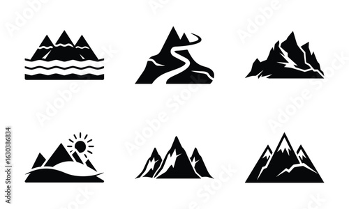 Mountain icon set with various designs isolated on white background