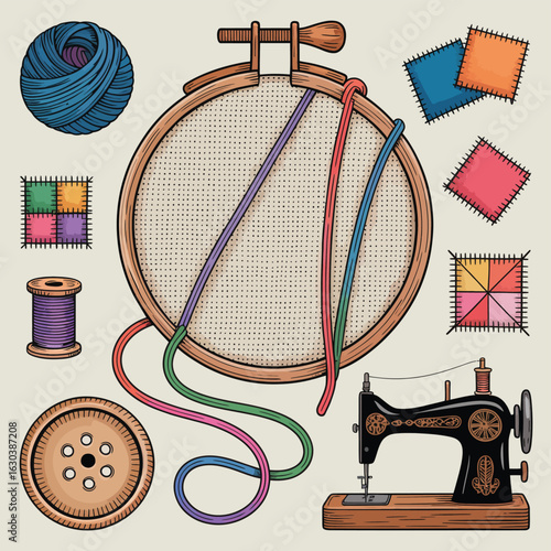 A vector illustration of vintage sewing equipment, including a sewing machine, needle, and various crafting accessories, designed for fashion and tailor projects