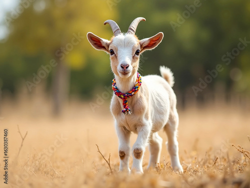 Adorable White Goat Kid Wearing Colorful Necklace in Outdoor Pasture