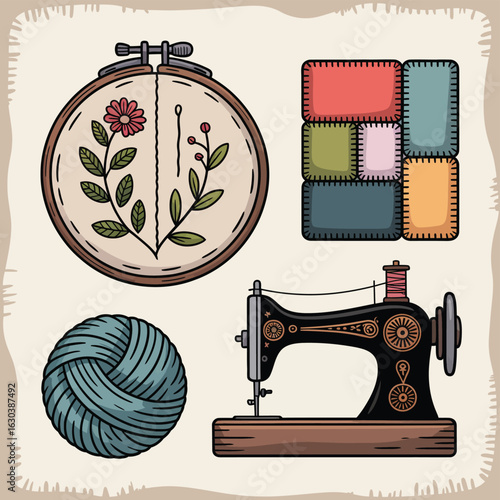 Old-fashioned sewing machine with a needle and thread ready for vintage tailoring work