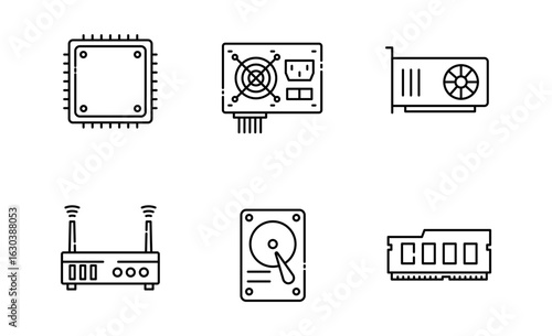 Set of Computer components icon, CPU and GPU, power supply, internet router, hard disk and RAM Symbol Outline icon, Editable Stroke