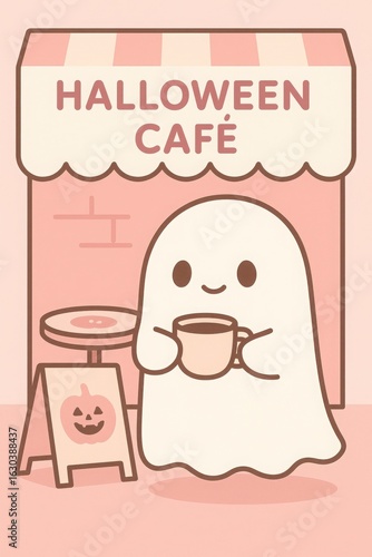 A cartoon ghost holding a cup of coffee in front of a Halloween cafe sign