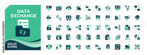 Data Exchange and Analytics colorful solid icon set. Contains related to report, exchange, statistic, cloud data, data exchange, information and more. Exchange vector fill icon set.
