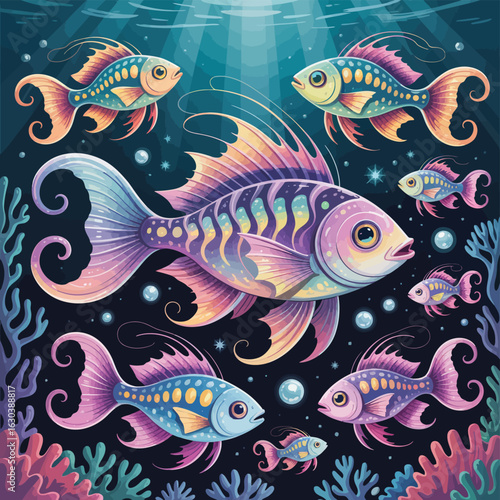 Seamless pattern of cute colorful cartoon fish in the ocean, a fun vector illustration for a tropical underwater background design