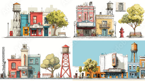 Whimsical small town street scenes with colorful shops, theaters, trees, and water towers in charming hand-drawn architectural style.

