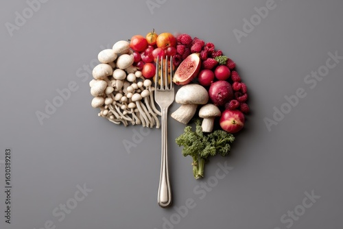A fork-shaped arrangement of various fresh fruits and vegetables, showcasing a balanced diet