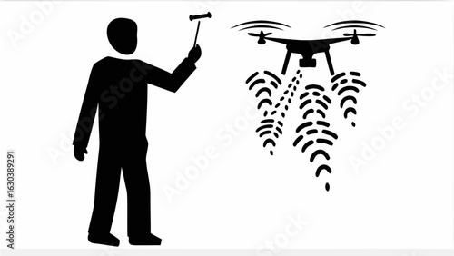 Silhouette of a man holding a hammer up towards a drone emitting signals in black and white style