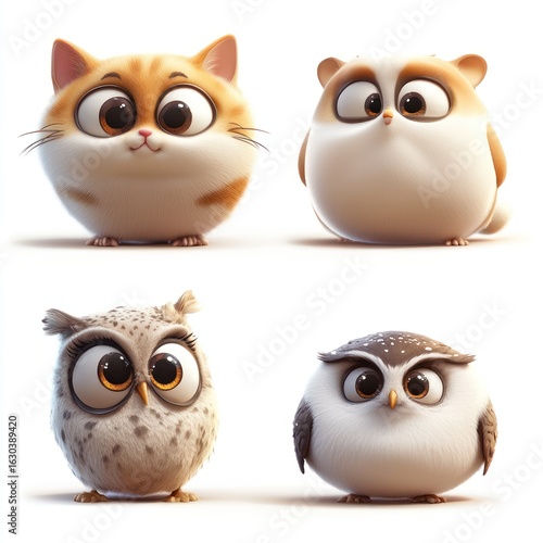 Wallpaper Mural Four adorable, stylized, round animal characters.  Each with large eyes and a chubby body.  Cute, cartoonish, 3D renderings against a white background Torontodigital.ca