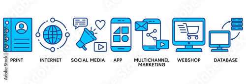Cross media icon set vector illustration concept relate to print, internet, social media, app, multichannel marketing, webshop and database