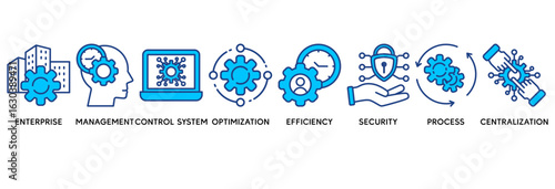 Industrial control system icon set vector illustration concept relate to enterprise, management, control system, optimization, efficiency, security, process, centralization
