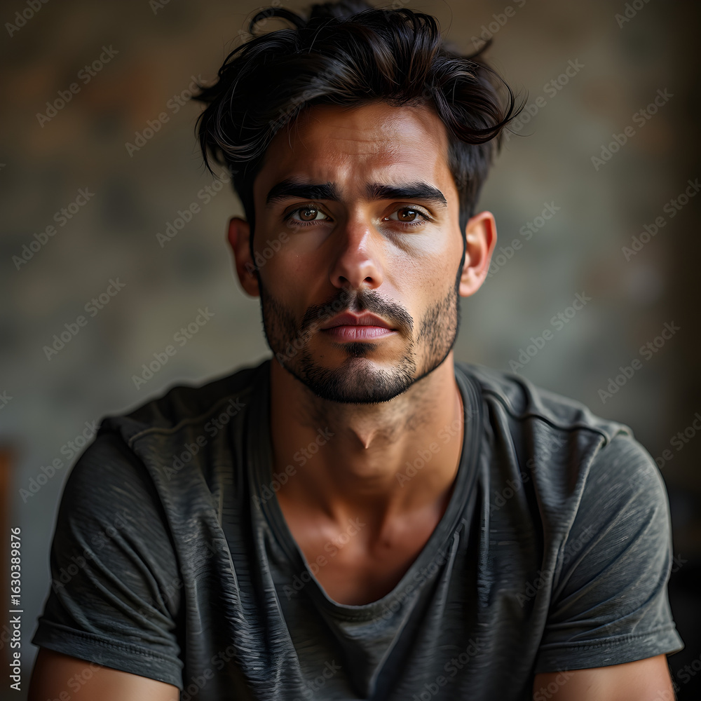 Fototapeta premium A Handsome Young Man With Dark Hair Looking Into The Camera
