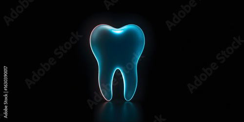 A glowing tooth graphic stands out against a dark background, emphasizing dental health. The vertical design offers ample copy space for health-related messages or branding