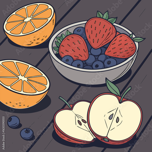 A still life illustration featuring a bowl of berries, sliced oranges, and halved apples on a wooden table