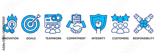 Core values icon set vector illustration concept relate to innovation, goals, teamwork, commitment, integrity, customers, and responsibility