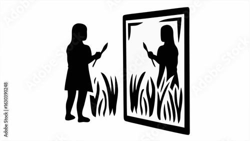 Silhouette of a person holding a tool standing next to tall grass and a mirror reflecting the image