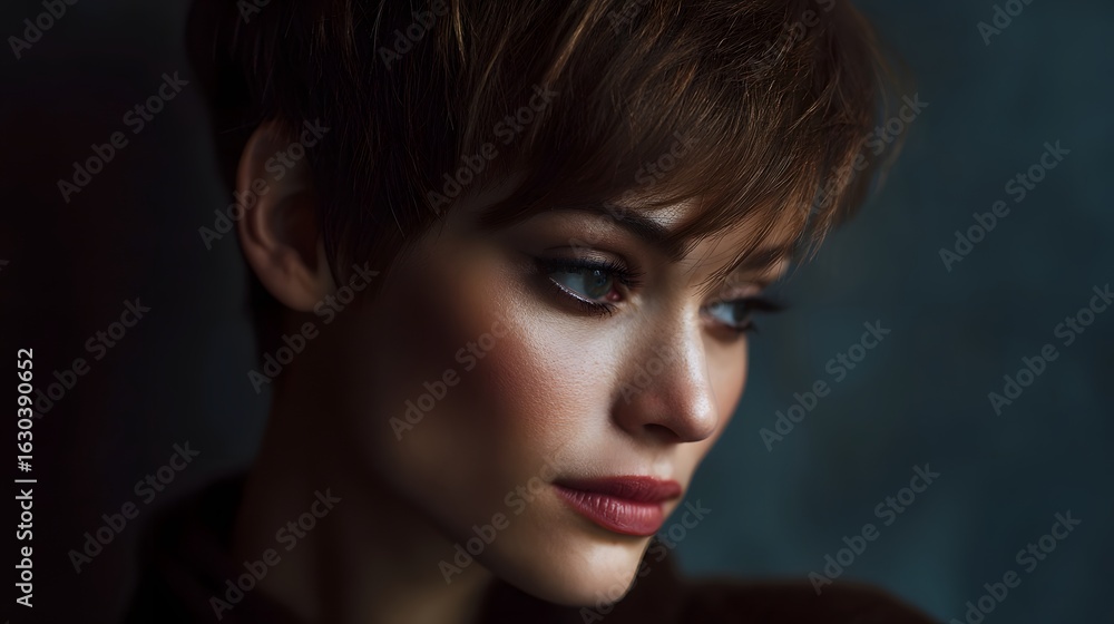 Fototapeta premium Portrait of a woman with a short pixie haircut in dramatic lighting