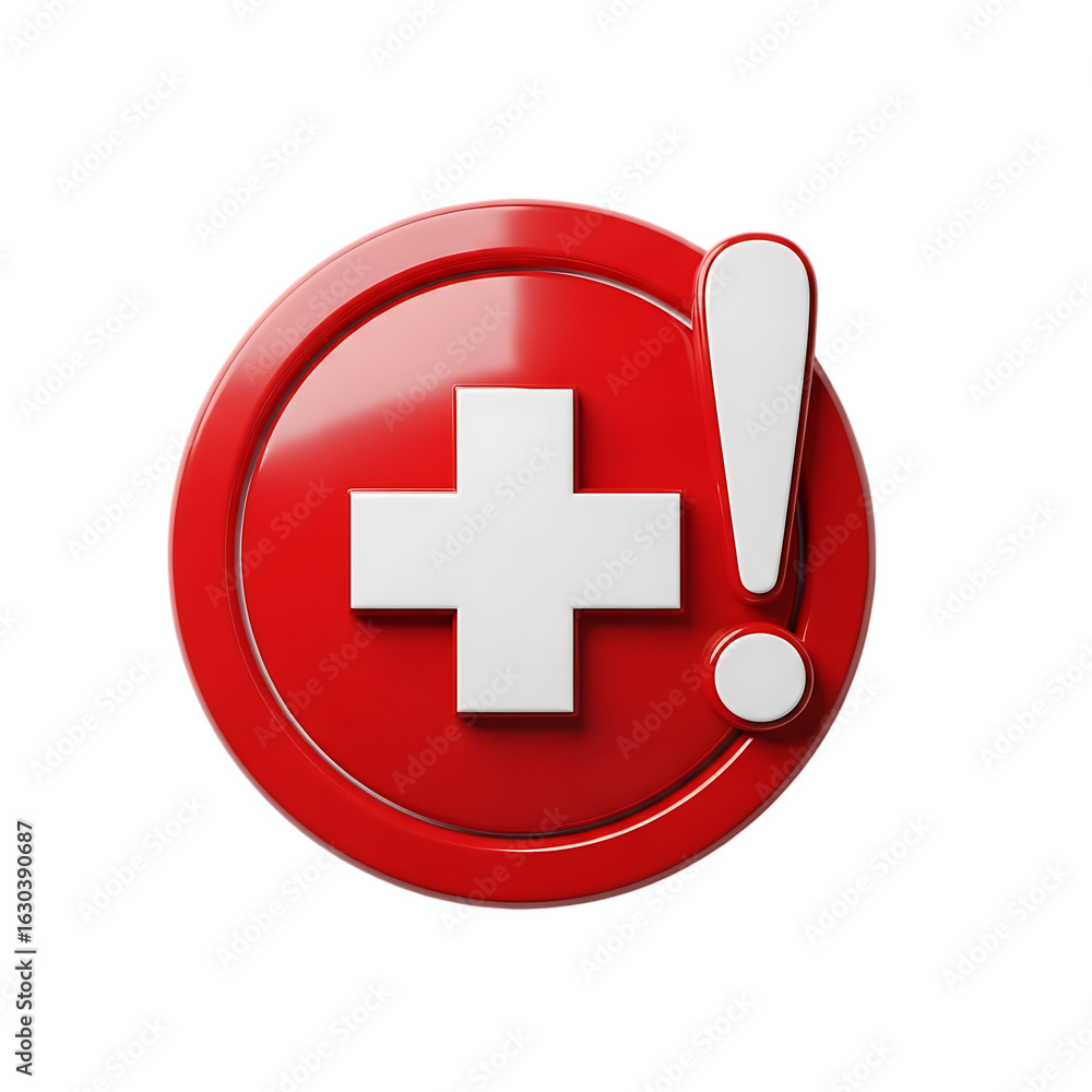 Obraz premium Medical Alert Icon Design with White Cross and Exclamation Point on Red Background Signifying Healthcare and Safety Concerns