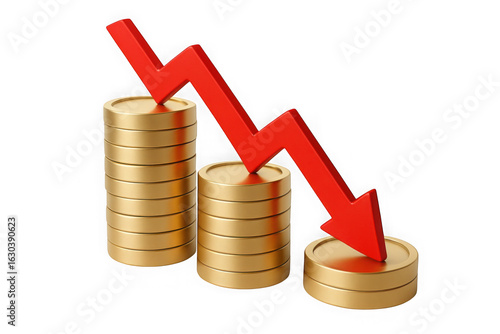 3d rendering illustration icon isolated on Coins stacks with a red arrow pointing down on transparent background