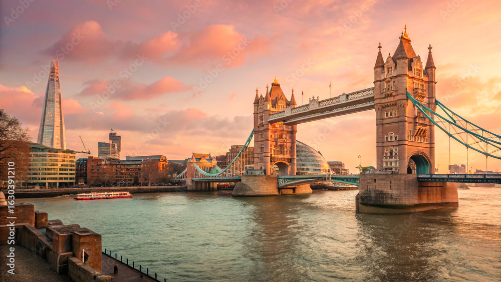 Naklejka premium Sunset View of London Tower Bridge and The Shard Skyline