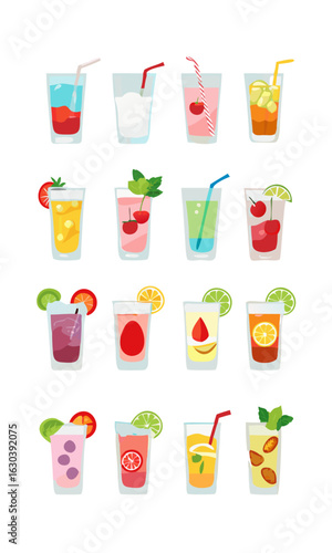 Colorful assortment of refreshing fruit drinks and cocktails