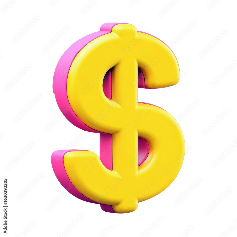 Obraz premium Colorful dollar sign in 3D effect, perfect for finance or economy themes, on a white isolated background.