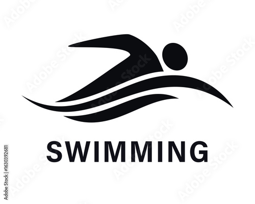 A black swimming logo featuring a stylized swimmer and waves, perfect for swim clubs, fitness centers, or aquatic sports branding