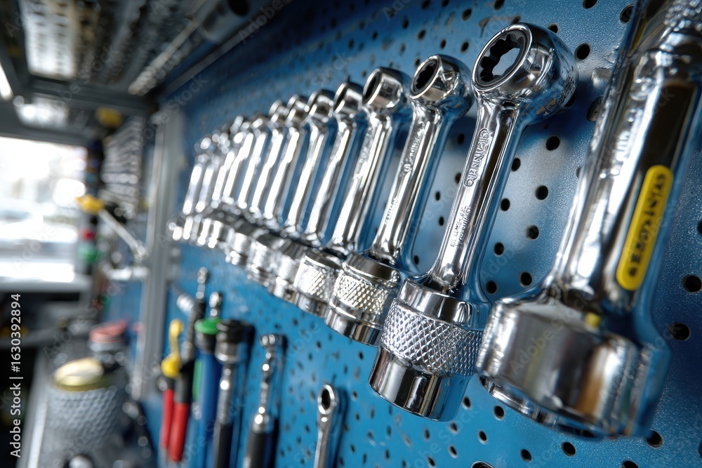 Fototapeta premium A well-organized set of chrome-plated ratchet wrenches on a blue pegboard.