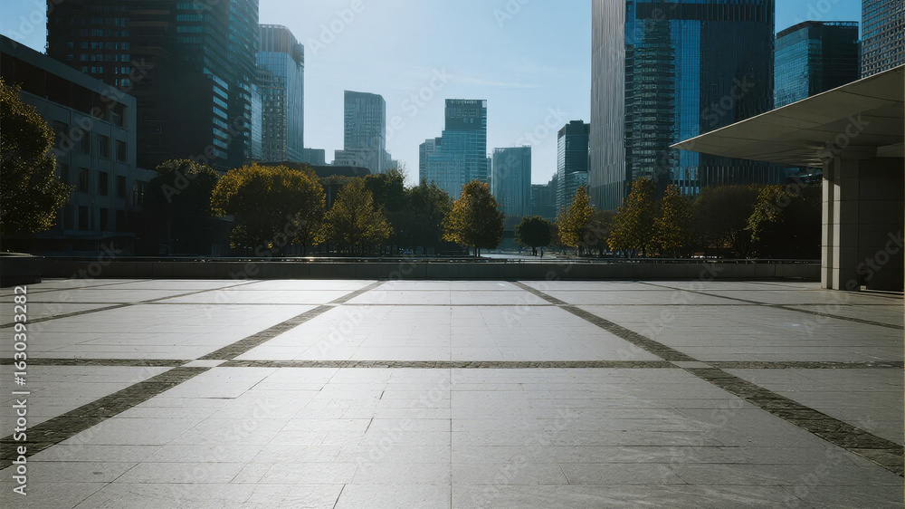 Fototapeta premium Urban Plaza with Modern Skyscrapers and Greenery in the Background