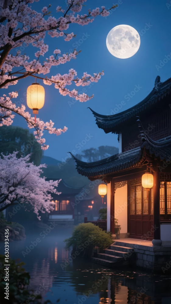 Obraz premium Traditional Asian Pavilion by a Serene Lake Under a Full Moon