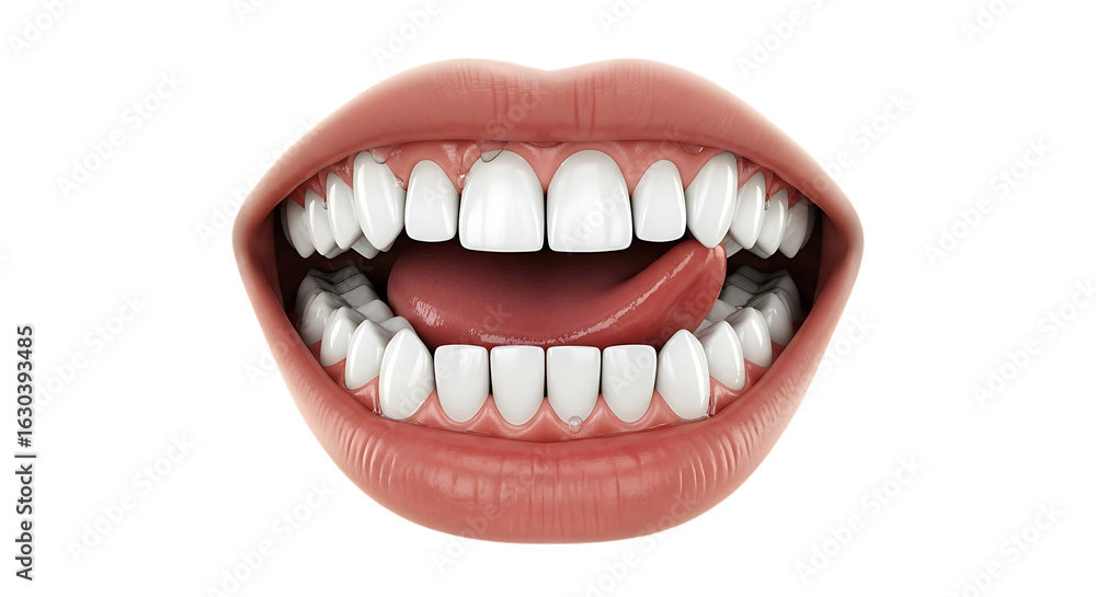 Fototapeta premium Open Mouth with Perfect White Teeth and Tongue Close Up Promoting Dental Hygiene and Health
