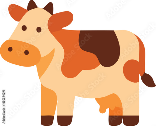 A cute flat-style illustration of a brown and orange spotted dairy cow with a gentle expression, standing on all fours.