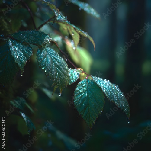 Dew clinging on leaves in forest, nature background. For green product adverts