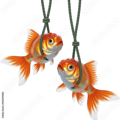Wallpaper Mural Two realistic ornate goldfish with flowing fins and tails hanging on strings isolated on transparent background Torontodigital.ca