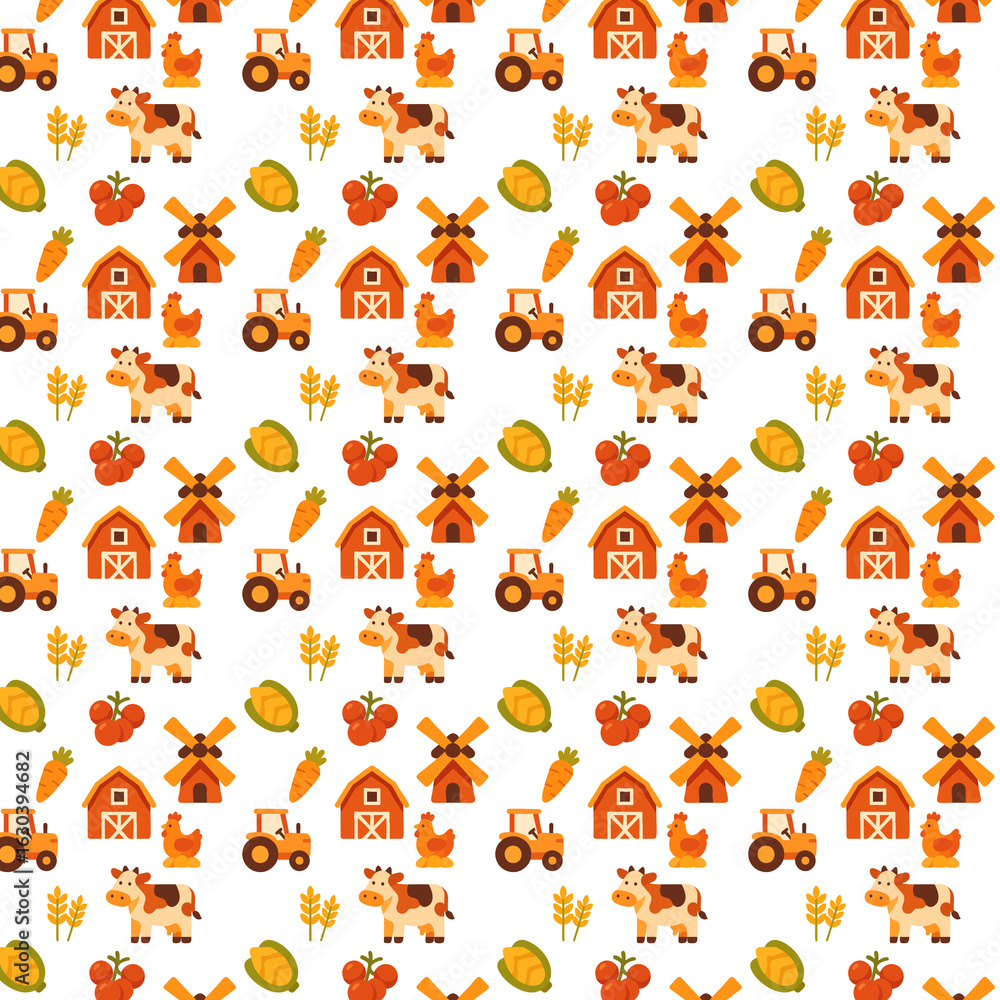 Obraz premium A seamless repeating pattern with farm-themed cartoon icons including barns, cows, chickens, tractors, windmills, vegetables, and grains on a light background.