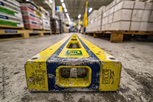 A worn yellow and blue spirit level tool on a dusty concrete floor in a warehouse.