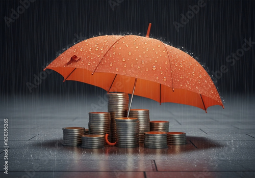 Wallpaper Mural A vibrant orange umbrella, covered in raindrops, shelters stacks of silver coins from a heavy downpour Torontodigital.ca